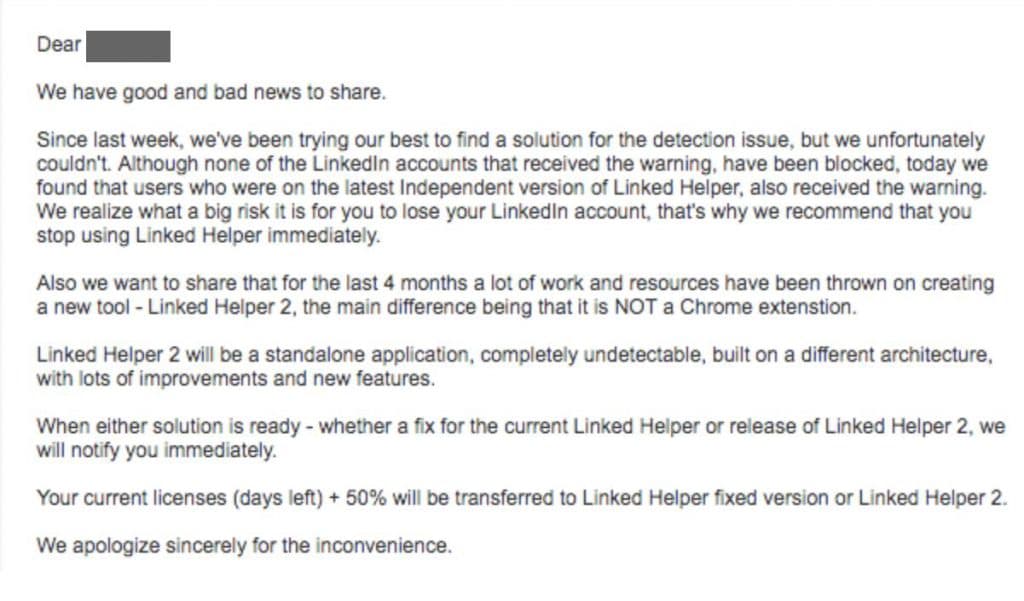 Update from Linked Helper telling users to stop using their tool