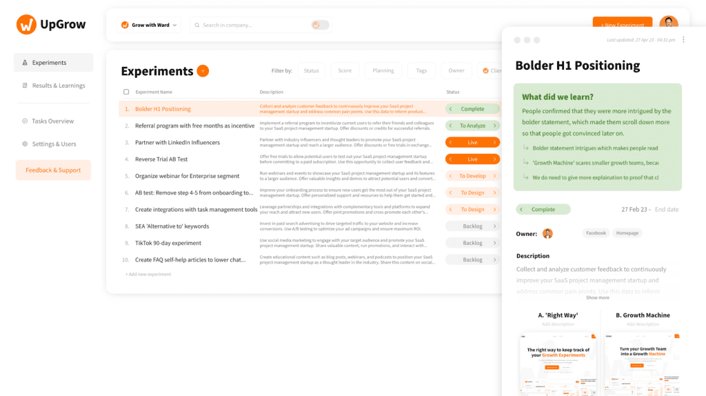 Growth Experiments Backlog template Screenshot