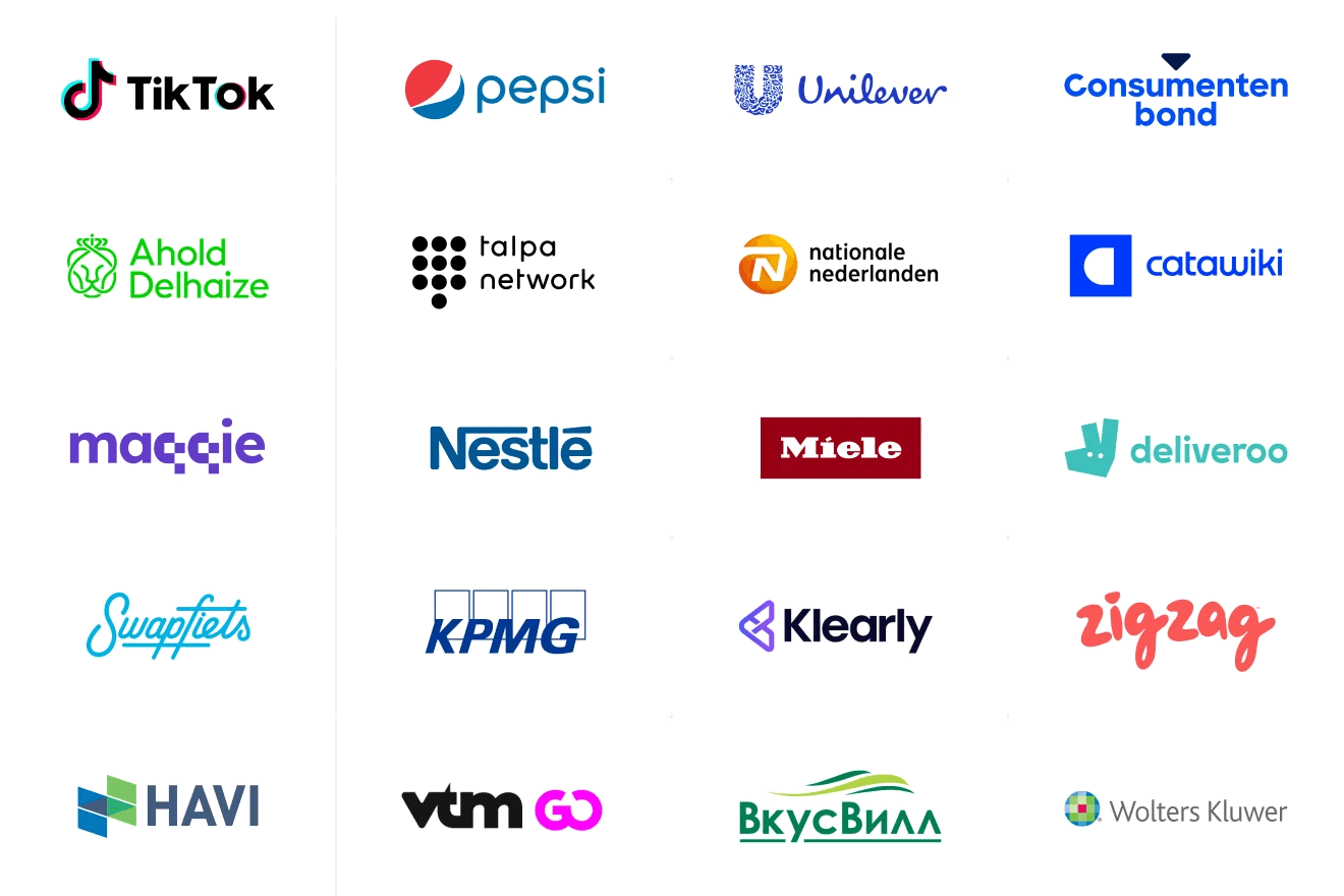 Client logos including TikTok, Pepsi, Unilever, Miele, Deliveroo, and more